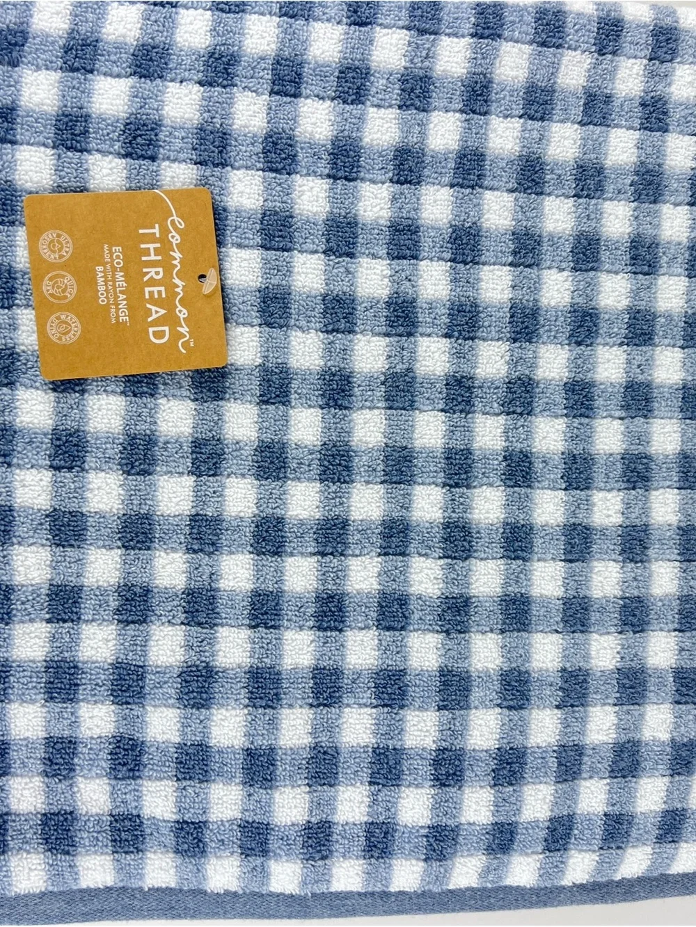 Common Thread Bamboo Bath Towels Blue White Check Soft Cotton Blend 2 Pc NEW